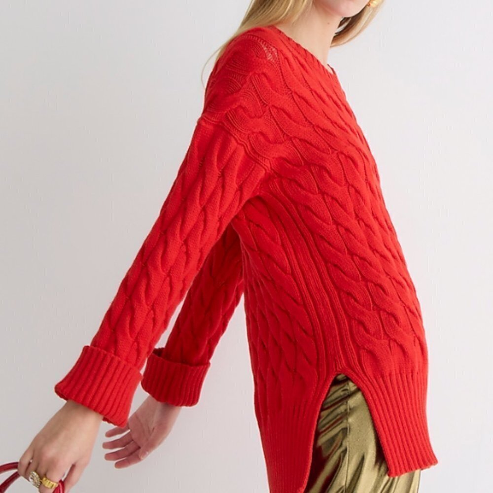 J.Crew Cotton Cable-Knit Side-Slit Crewneck Sweater - Picture 3 of 6
